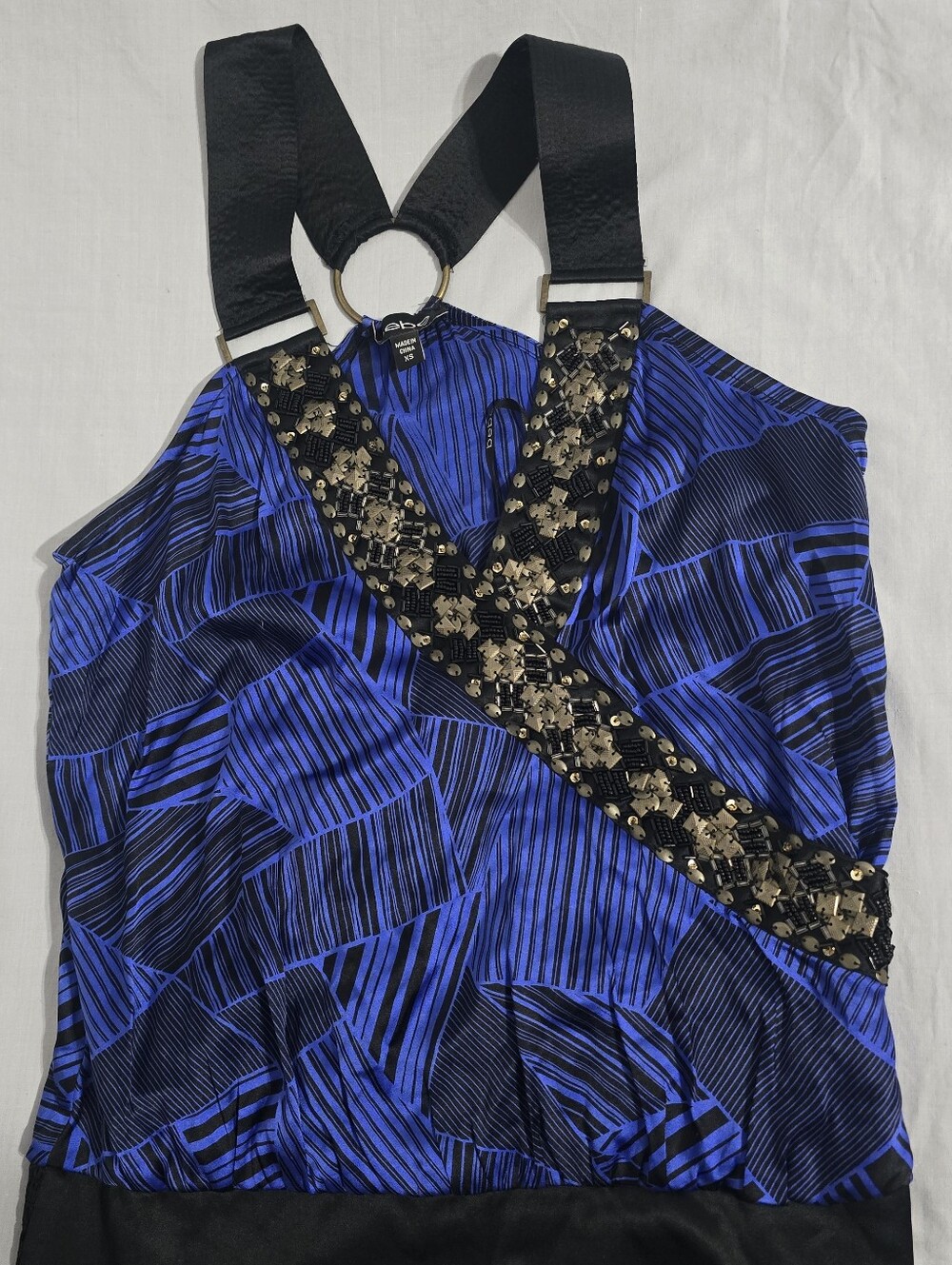 bebe Blue and Black Embellished Halter Camisole